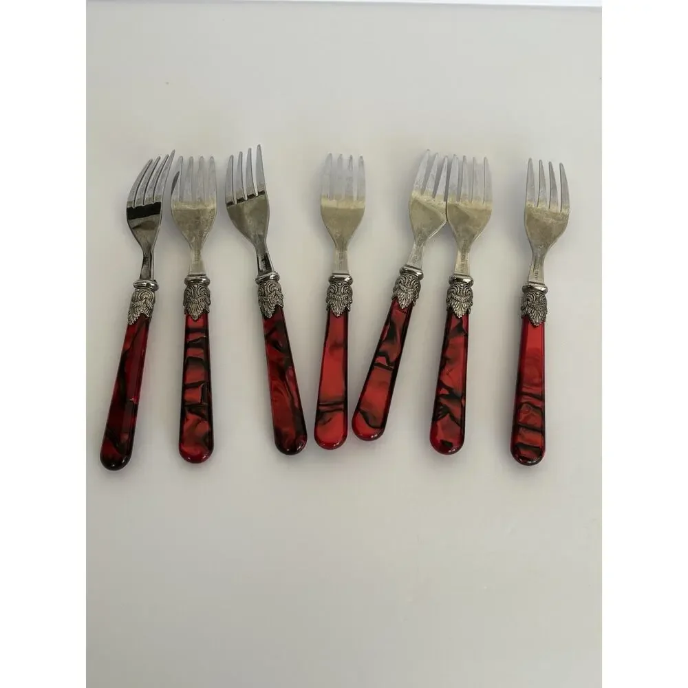 Vtg Forks Stainless 18/8 Flatware Red Mother Pearl Pattern 7 Pcs Preowned
